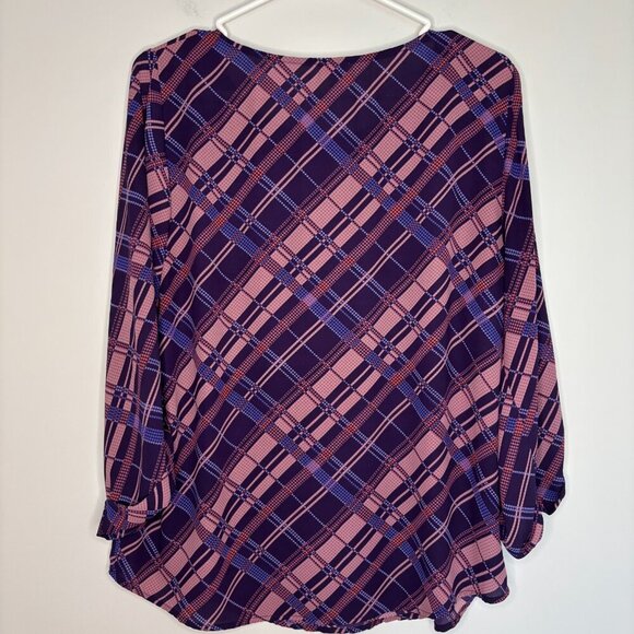 PIXLEY STITCH FIX BRAND Blouse Women L Roll Tab Sleeve Pink Purple Blue Plaid - Picture 3 of 5